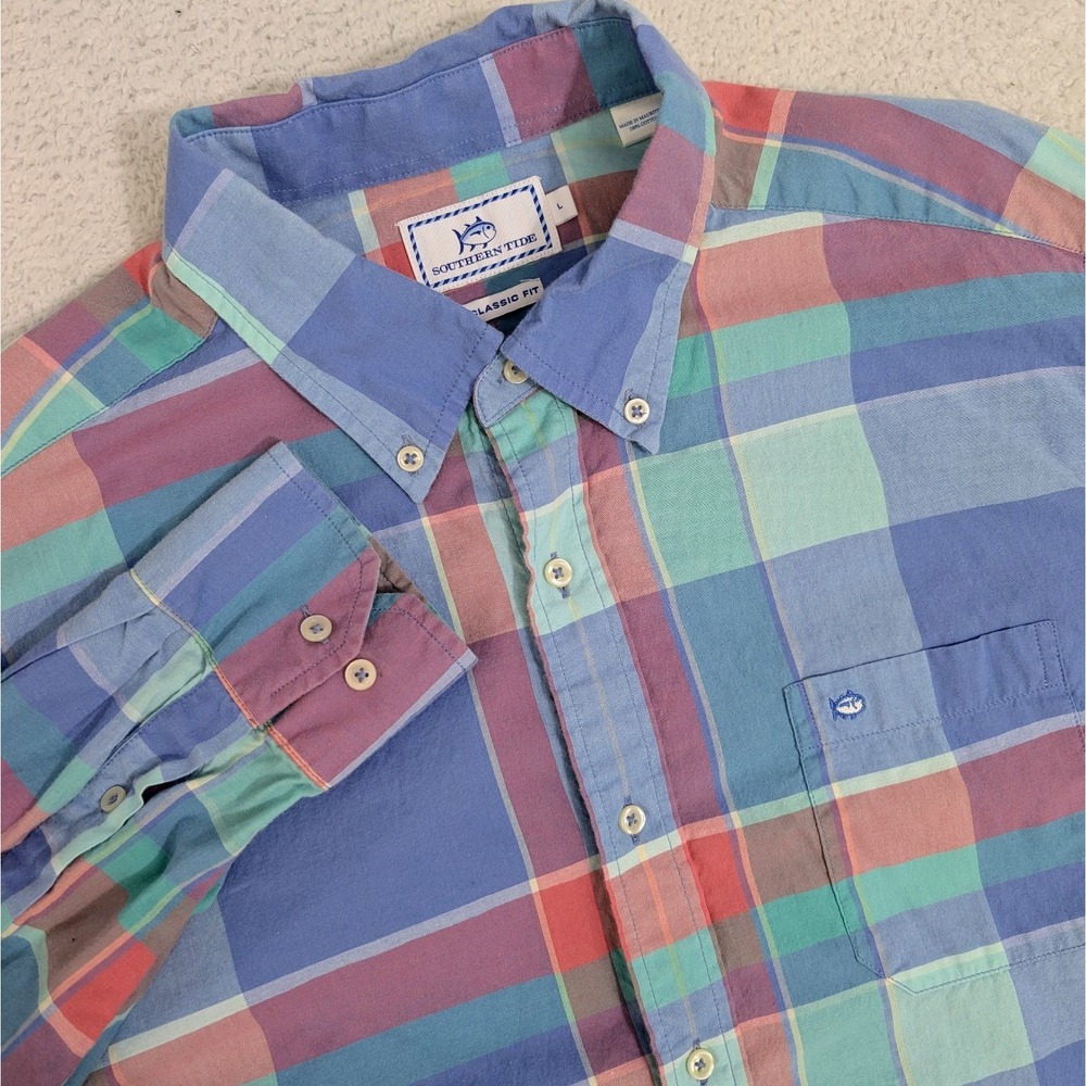 Southern Tide Men's L Pastel Shirt Cotton Button Down L/S Lightweight Plaid Blue